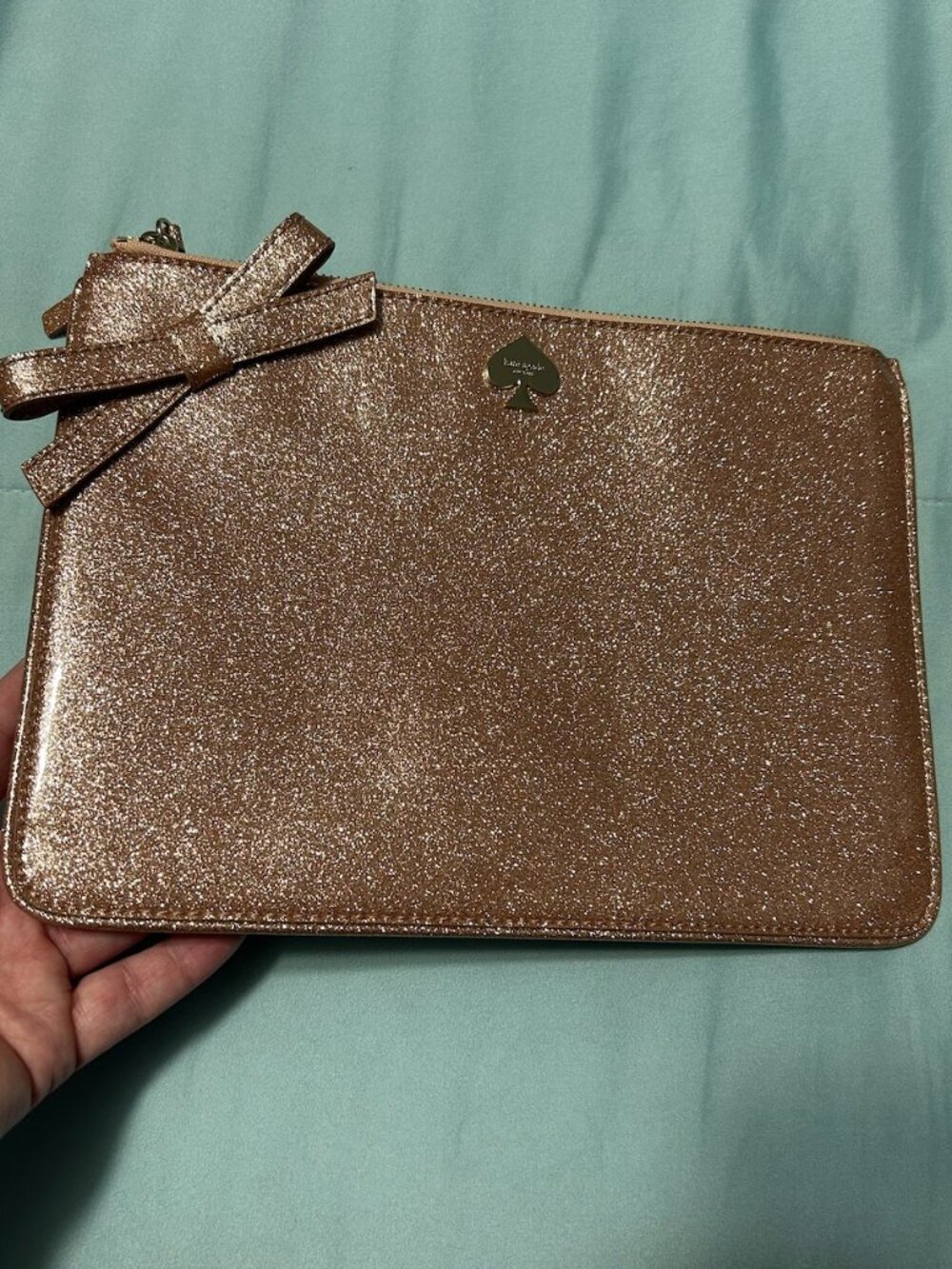 Kate Spade Rose Gold Glitter Bug Georgie Flat Zipper Pouch/Clutch Bow Detail